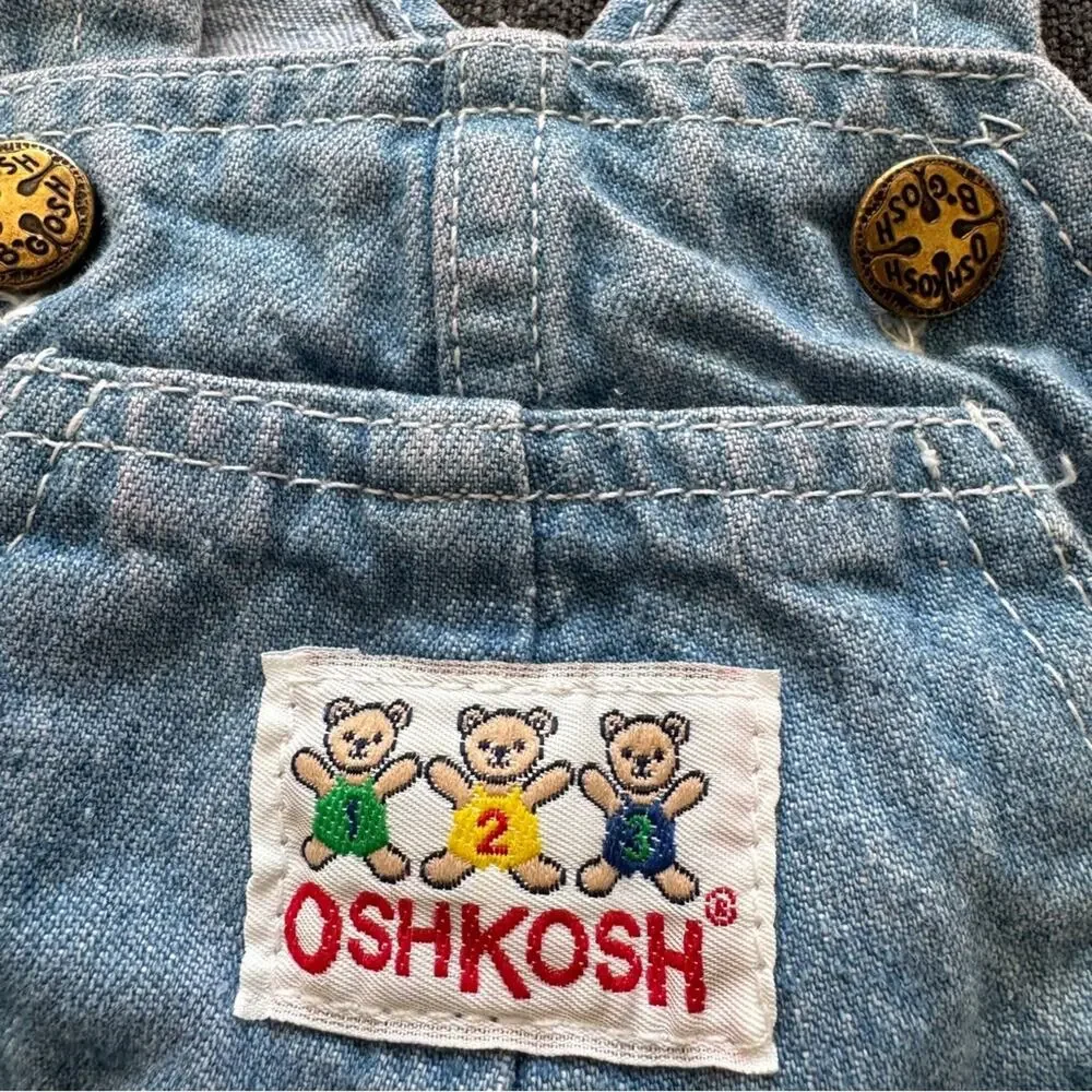 Vintage OshKosh B'Gosh Vestbak Denim Bubble Romper Teddy Bear Trim Size 12 M